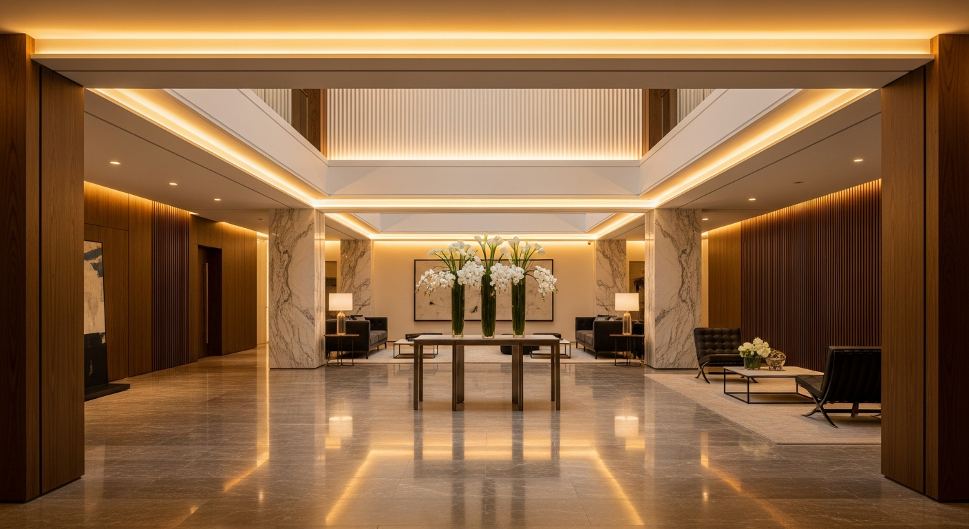 Lobby de empreendimento imobiliário premium com acabamentos sofisticados, iluminação de design e recepção de alto padrão