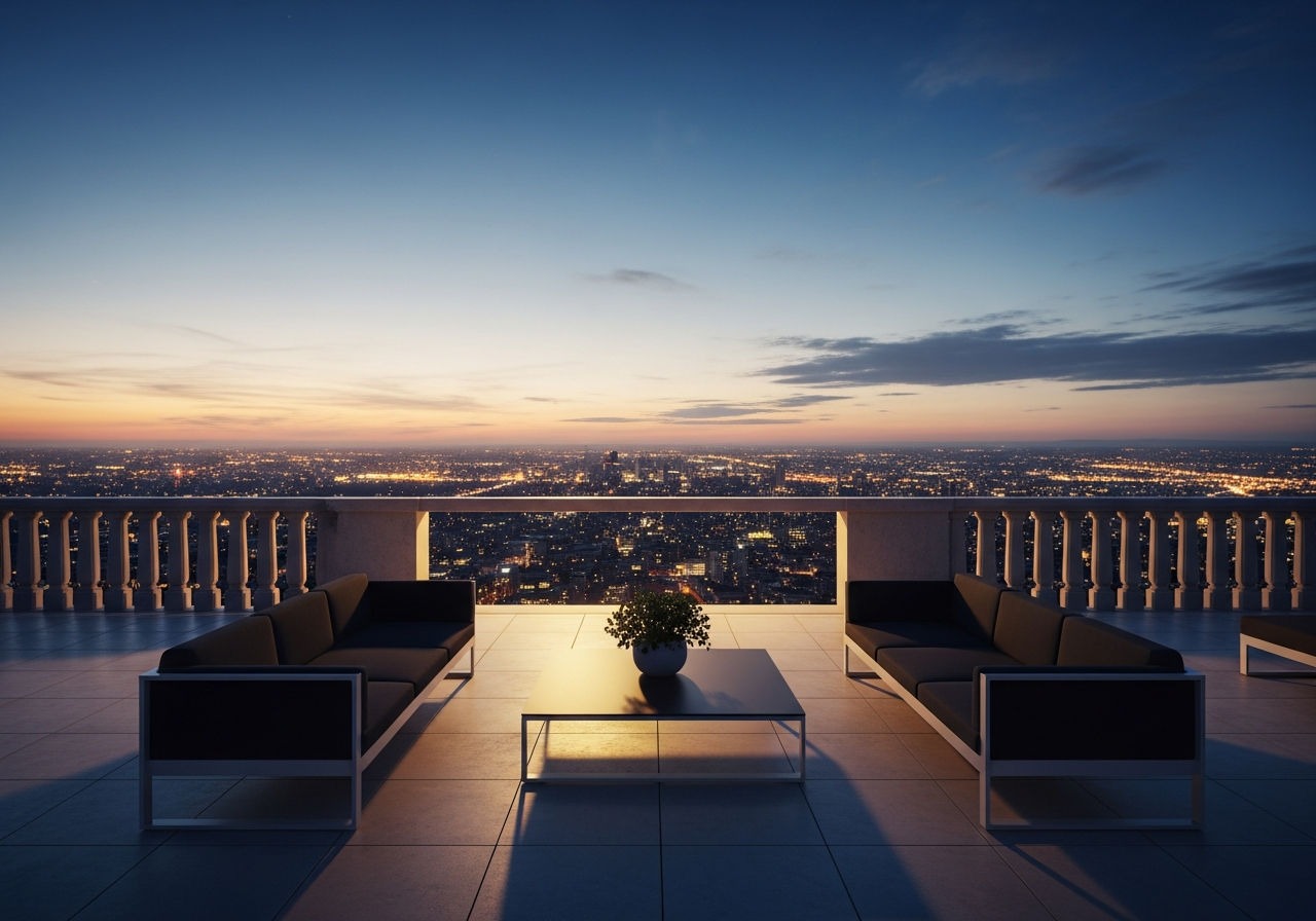 Terraço panorâmico com mobiliário de alto padrão e vista aberta em empreendimento imobiliário de luxo