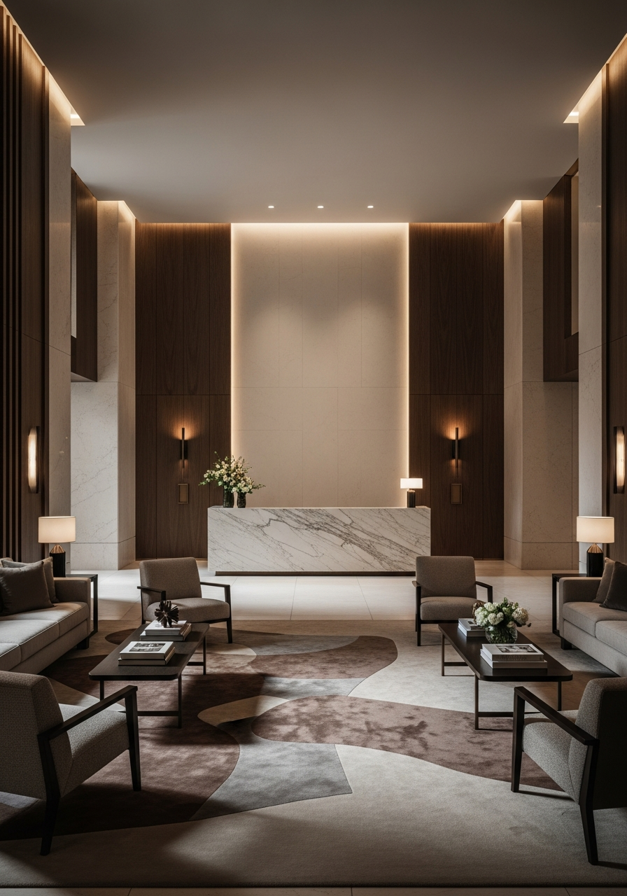 Interior de hotel boutique com branding exclusivo desenvolvido pela NUGHA — posicionamento premium para hospitalidade de alto padrão